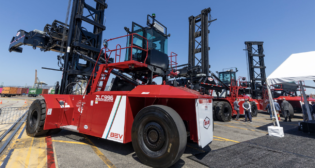 The Port of Los Angeles’ five new Taylor ZLC 996 top handlers purchased by Yusen Terminals are “human-operated” and will replace diesel-powered equipment. (Port of Los Angeles Photograph)