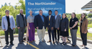 “Ontario Northland was pleased to be in Bracebridge today to share renderings of the shelters that will be installed at nine future Northlander stops,” the railroad company reported in a May 31 LinkedIn post. “Minister Vijay Thanagasalam also announced an investment of [C]$75 million in contracts to enhance rail safety and improve the passenger experience. Look out for our crews working on the rail and at future stop locations in Temagami, Temiskaming Shores, Kirkland Lake and Matheson this summer!” (Ontario Northland Photograph)