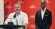 The TTC and ATU Local 113 have reached a tentative agreement that avoids a strike. Pictured during the June 7 announcement: TTC Chair Jamaal Myers (right) and TTC CEO Rick Leary. (TTC Photograph)