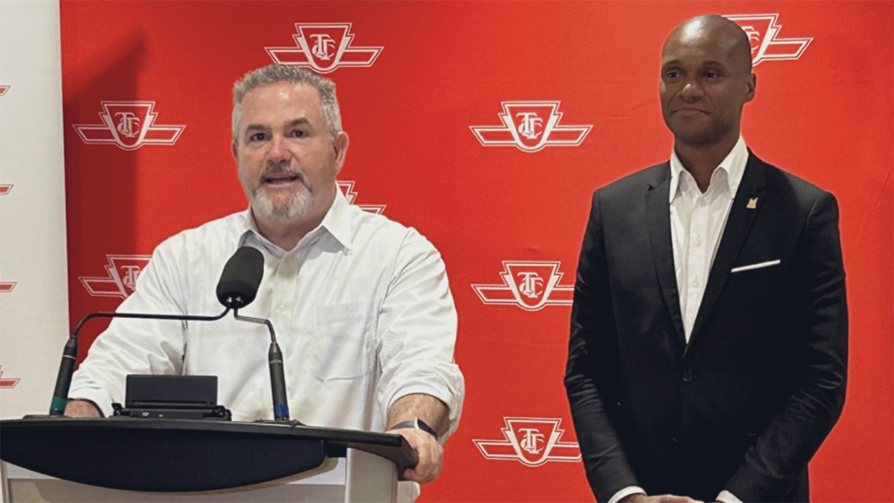 TTC CEO Rick Leary (left) with Chair Jamaal Myers during the June 7 announcement of the TTC-ATU Local 113 tentative agreement that avoided a strike. (TTC Photograph)
